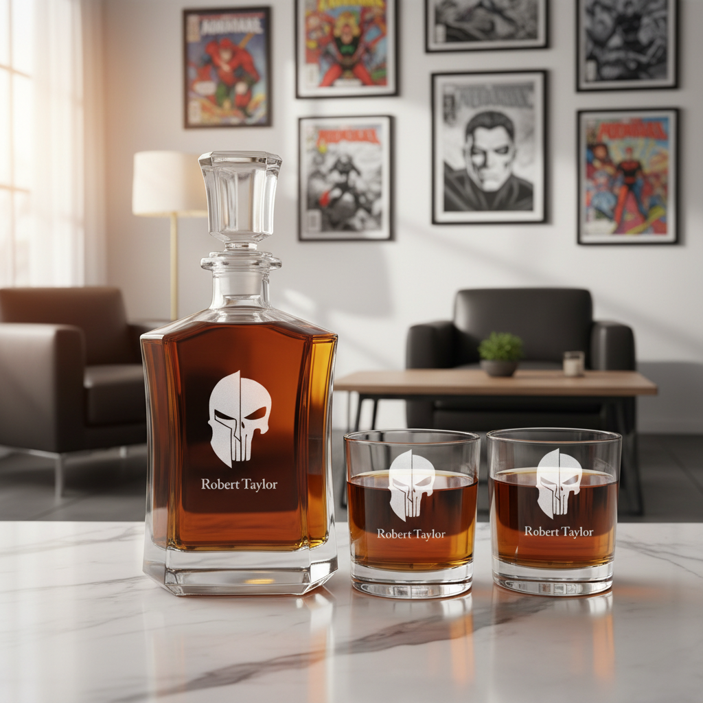 Spartan Punisher - Custom Decanter Set - Personalized Crown Decanter Set with Whiskey Glasses