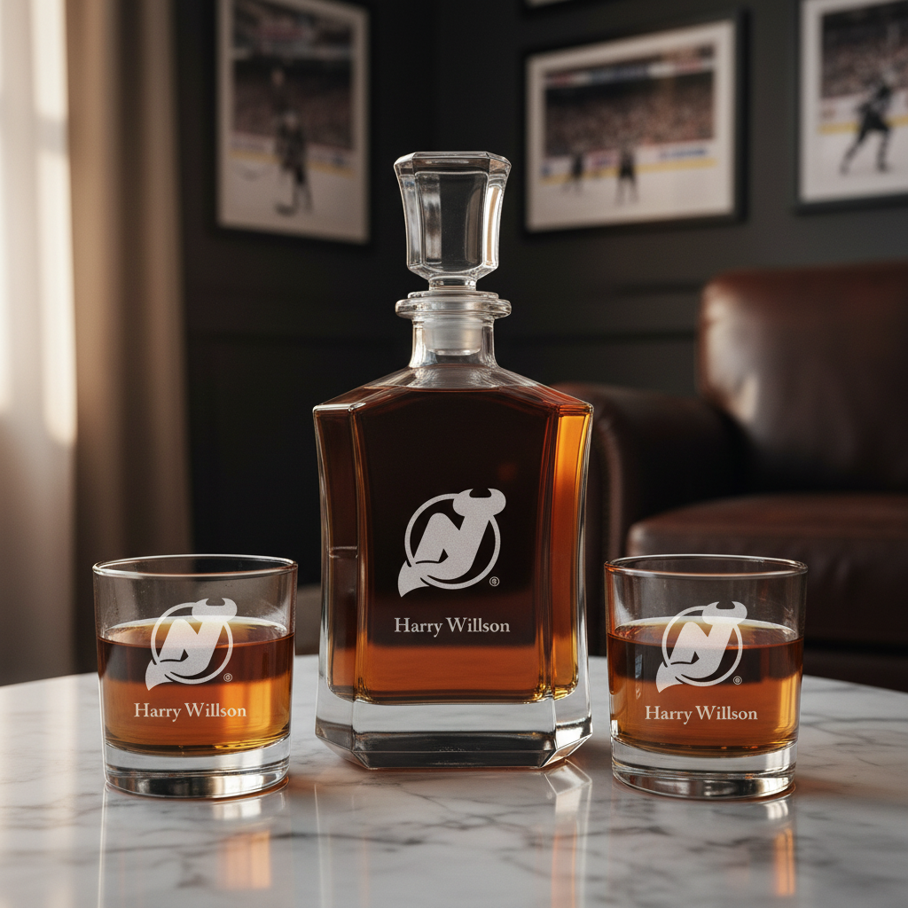 Personalized Hockey New Jersey Devils - Custom Crown Decanter Set - Hockey Fanatic Gift Ideas