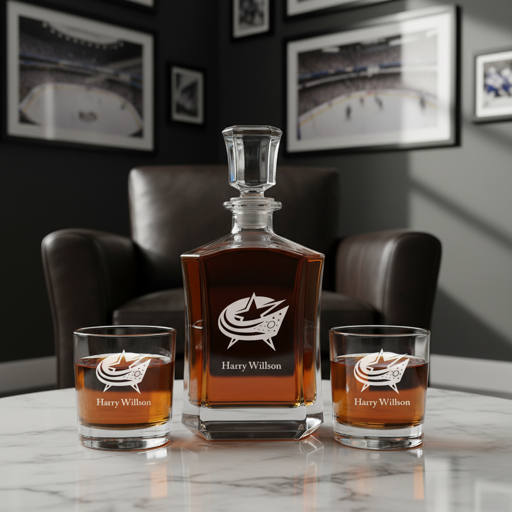 Personalized Hockey Columbus Blue Jackets - Custom Crown Decanter Set - Hockey Fanatic Gift Ideas