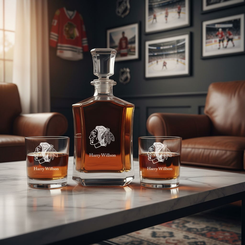 Personalized Hockey Chicago Black Hawks - Custom Crown Decanter Set - Hockey Fanatic Gift Ideas