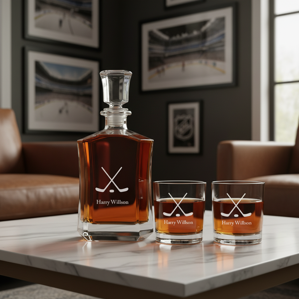 Personalized Hockey Sticks - Custom Crown Decanter Set - Hockey Fanatic Gift Ideas