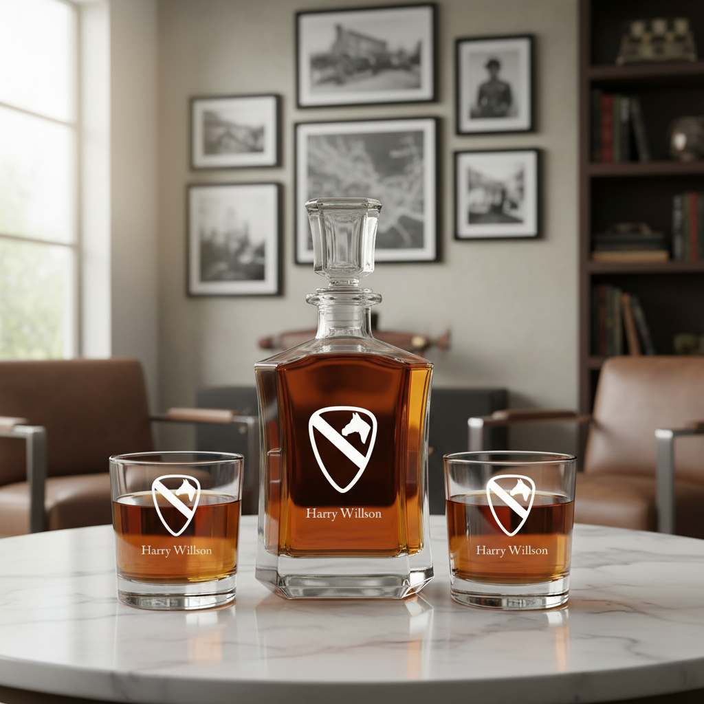 Engraved 1st Cavalry Division - Personalized Crown Decanter Set with Whiskey Glasses