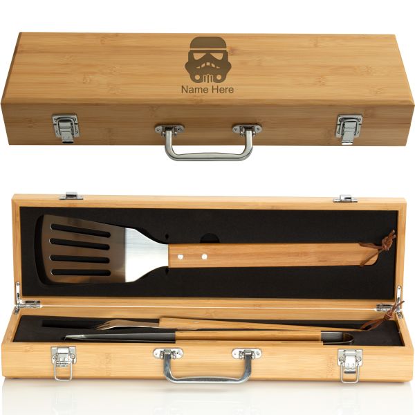 Custom Engraved Storm Trooper Bamboo BBQ Set - Personalized Bamboo BBQ Tool Set