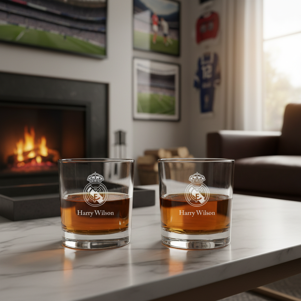 Engraved Real Madrid Rocks Glass - Personalized Whiskey Glasses - Man Cave Gift Ideas - Gifts For Him - Soccer Fanatics - 2pcs