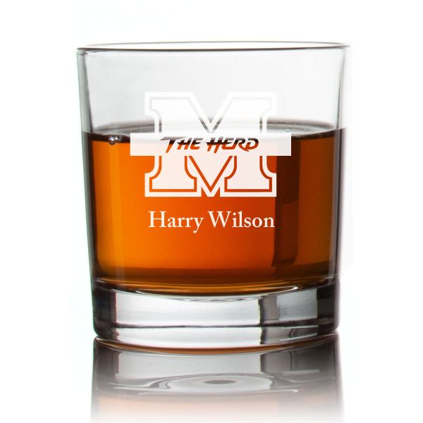 Engraved Marshall Thundering Herd Rocks Glass - Personalized Whiskey Glasses - Man Cave Gift Ideas - Gifts For Him - 2pcs