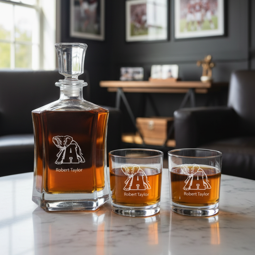 Engraved Alabama Elephant - Personalized Crown Classic Decanter Set Whiskey Glasses