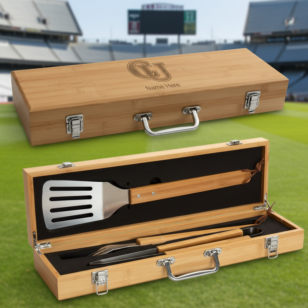 Personalized Campbell Fighting Camels University BBQ Set - Football Fanatic Gift Ideas - Personalized Bamboo BBQ Set