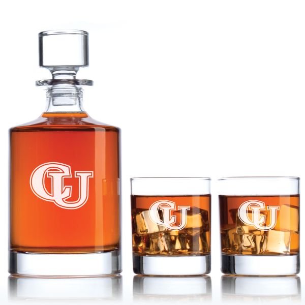 Personalized Campbell Fighting Camels University Decanter Set - Football Fanatic Gift Ideas - Bellagio Personalized Whiskey Decanter
