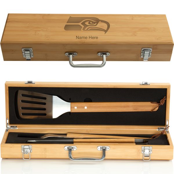 Personalized Grilling BBQ Set with Bamboo Case - Football Team Logos - Seattle Seahawks - Tailgate BBQ Tool Set - Man Cave Gifts - Gifts for Him