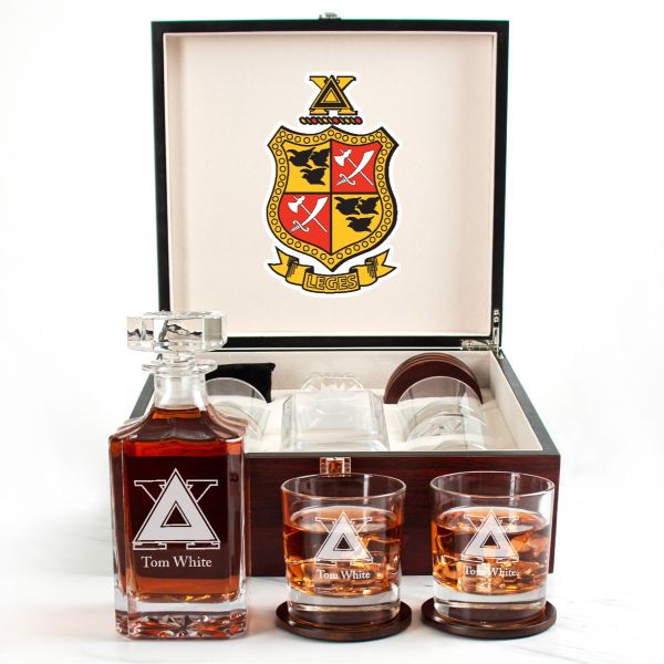Custom Engraved Delta Chi - Personalized Whiskey Decanter Set In Cherry Wood Gift Box - Fraternity Monogram