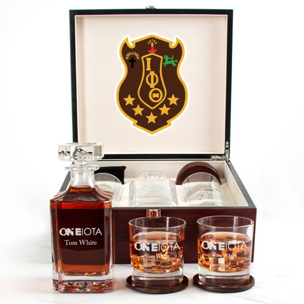 Custom Engraved Iota Phi Theta - Personalized Whiskey Decanter Set In Cherry Wood Gift Box - One Iota Fraternity Logo
