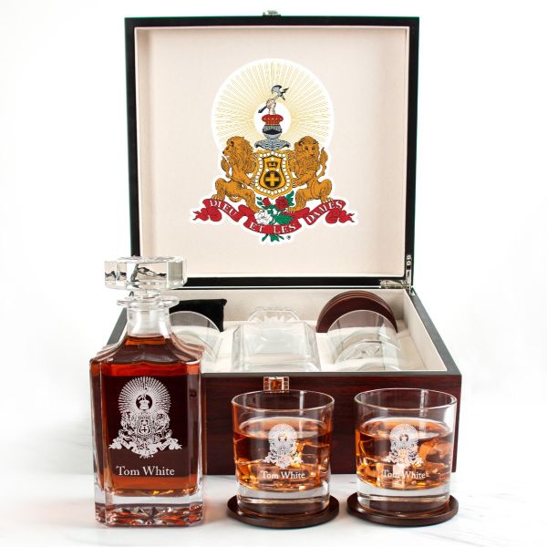 Custom Engraved Kappa Alpha - Personalized Whiskey Decanter Set In Cherry Wood Gift Box - Coat of Arms