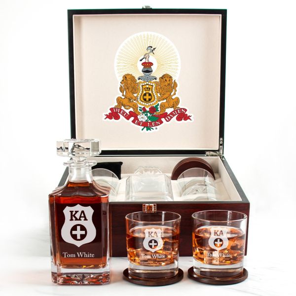 Custom Engraved Kappa Alpha - Personalized Whiskey Decanter Set In Cherry Wood Gift Box - Fraternity Shield Logo