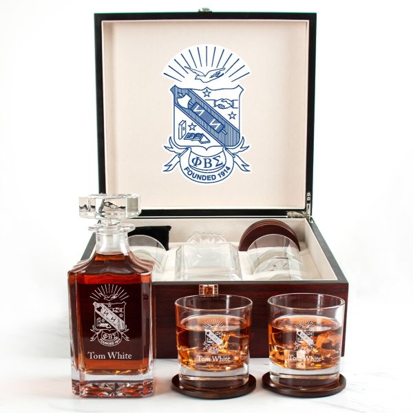 Custom Engraved Phi Beta Sigma - Personalized Whiskey Decanter Set In Cherry Wood Gift Box - Coat of Arms