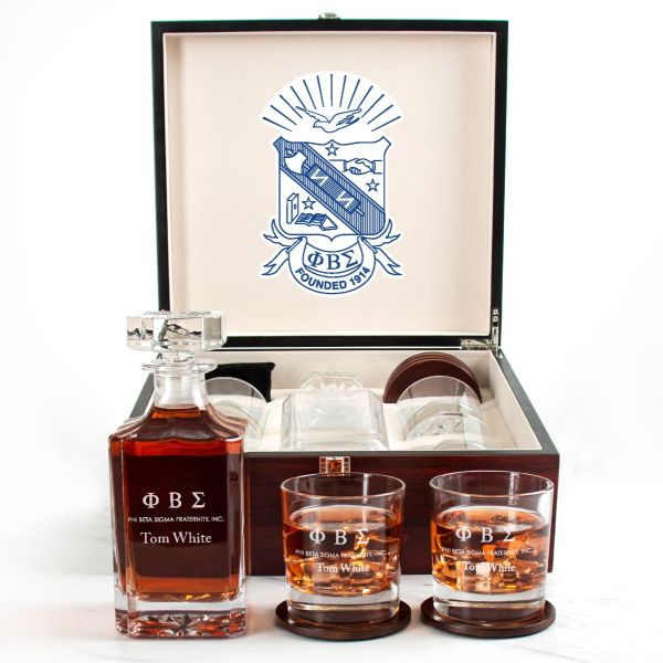 Custom Engraved Phi Beta Sigma - Personalized Whiskey Decanter Set In Cherry Wood Gift Box - Primary Fraternity Logo