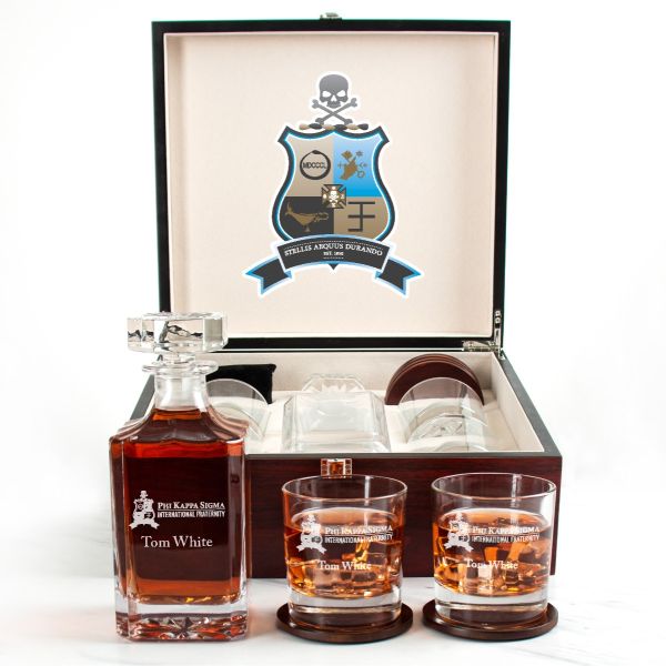 Custom Engraved Phi Kappa Sigma - Personalized Whiskey Decanter Set In Cherry Wood Gift Box - Primary Fraternity Logo