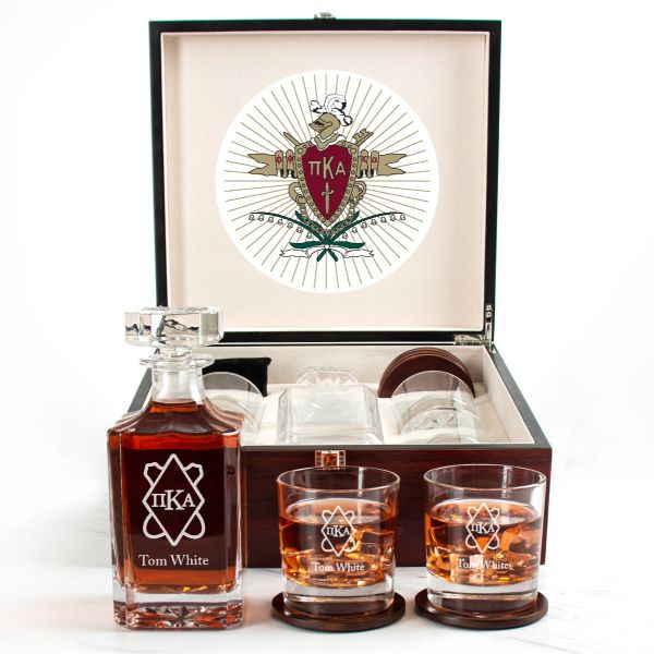Custom Engraved Pi Kappa Alpha - Personalized Whiskey Decanter Set In Cherry Wood Gift Box - Fraternity Letterform