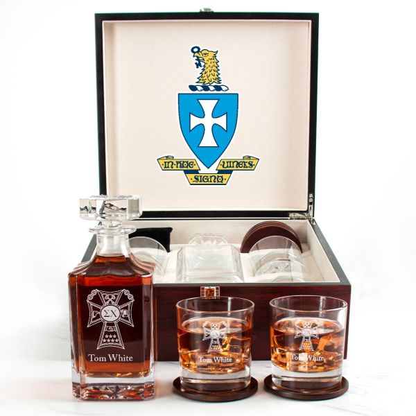 Custom Engraved Sigma Chi - Personalized Whiskey Decanter Set In Cherry Wood Gift Box - Fraternity Badge