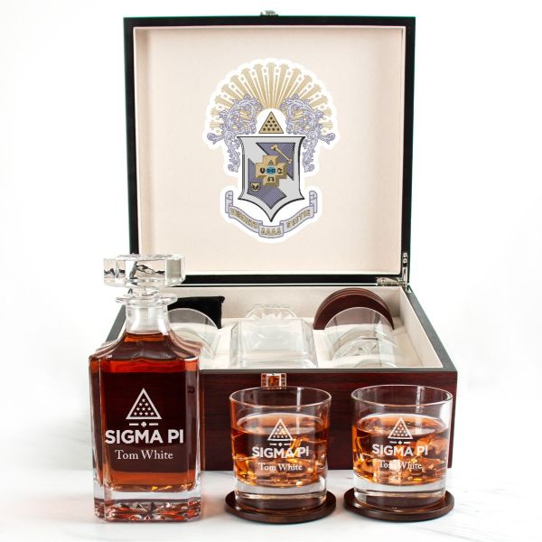 Custom Engraved Sigma Pi - Personalized Whiskey Decanter Set In Cherry Wood Gift Box - Primary Fraternity Logo
