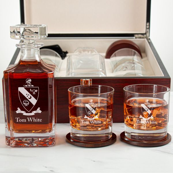 Custom Engraved Alpha Gamma Rho - Personalized Whiskey Decanter Set In Cherry Wood Gift Box - Coat of Arms