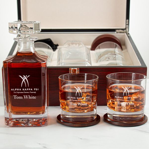 Custom Engraved Alpha Kappa Psi - Personalized Whiskey Decanter Set In Cherry Wood Gift Box - Primary Fraternity Logo