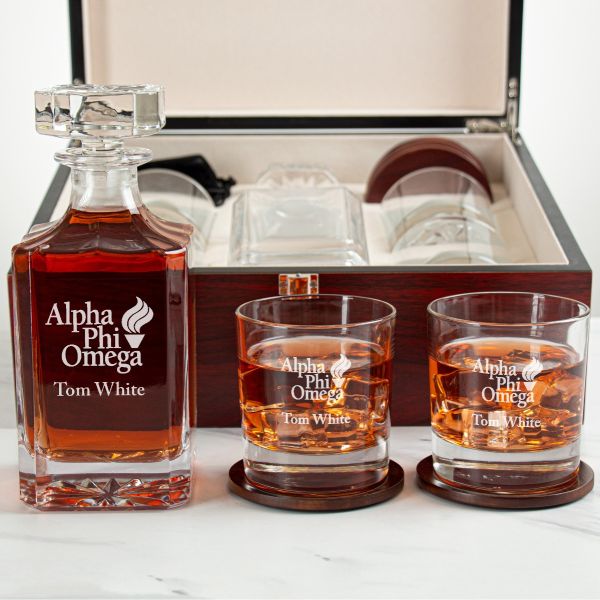 Custom Engraved Alpha Phi Omega - Personalized Whiskey Decanter Set In Cherry Wood Gift Box - Primary Logo