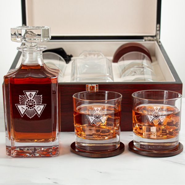 Custom Engraved Alpha Phi Omega - Personalized Whiskey Decanter Set In Cherry Wood Gift Box - Fraternity Badge Logo