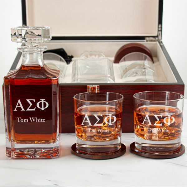 Custom Engraved Alpha Sigma Phi - Personalized Whiskey Decanter Set In Cherry Wood Gift Box