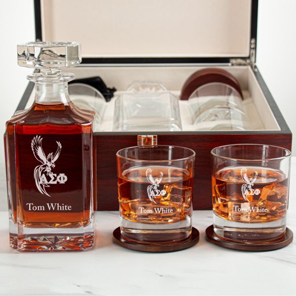Custom Engraved Alpha Sigma Phi - Personalized Whiskey Decanter Set In Cherry Wood Gift Box - Phoenix Fraternity Logo