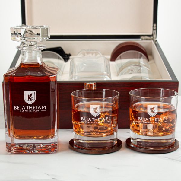 Custom Engraved Beta Theta Pi - Personalized Whiskey Decanter Set In Cherry Wood Gift Box - Primary Fraternity Logo