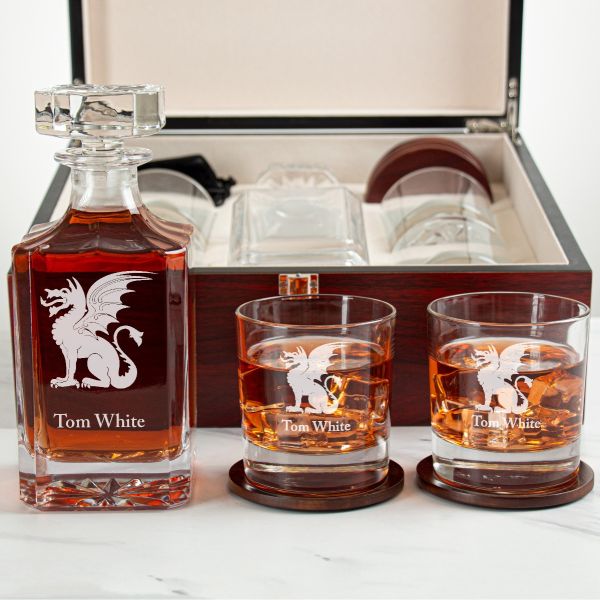Custom Engraved Beta Theta Pi - Personalized Whiskey Decanter Set In Cherry Wood Gift Box - Fraternity Dragon Logo