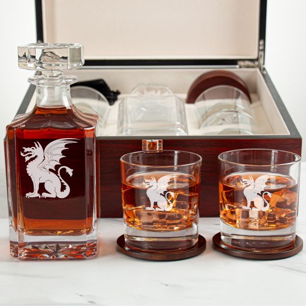 Custom Engraved Beta Theta Pi - Personalized Whiskey Decanter Set In Cherry Wood Gift Box - Fraternity Dragon Logo