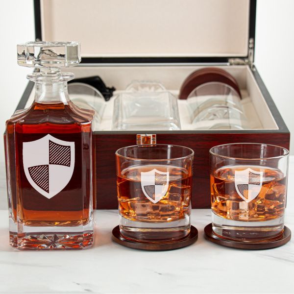 Custom Engraved Delta Chi - Personalized Whiskey Decanter Set In Cherry Wood Gift Box - Fraternity Shield