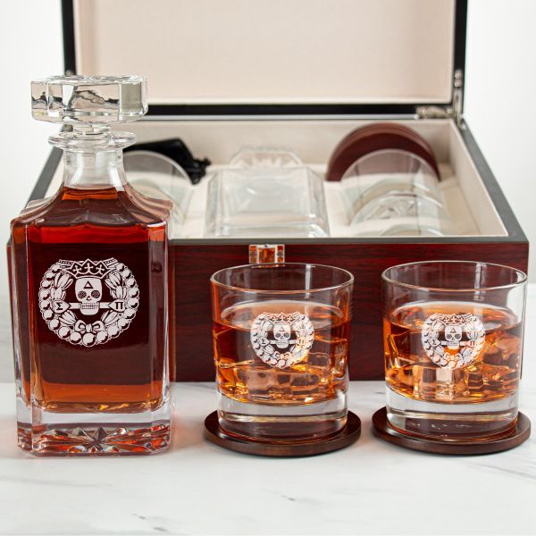 Custom Engraved Delta Sigma Pi - Personalized Whiskey Decanter Set In Cherry Wood Gift Box - Fraternity Badge