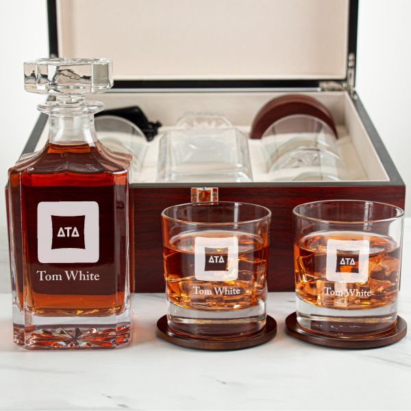 Custom Engraved Delta Tau Delta - Personalized Whiskey Decanter Set In Cherry Wood Gift Box - Fraternity Badge