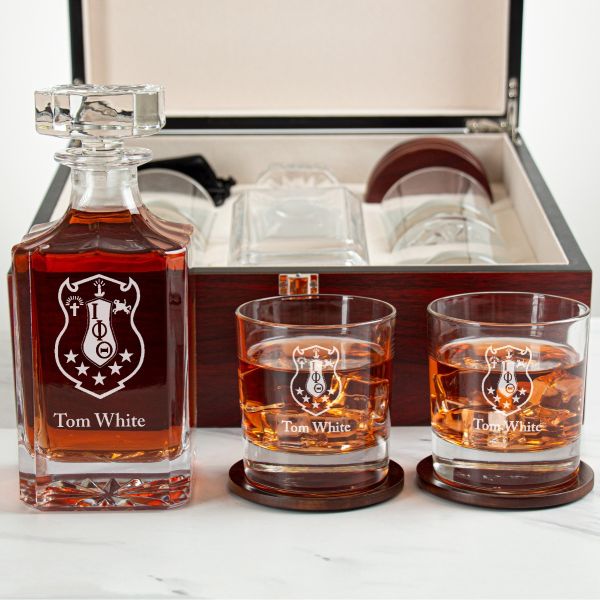 Custom Engraved Iota Phi Theta - Personalized Whiskey Decanter Set In Cherry Wood Gift Box - Coat of Arms