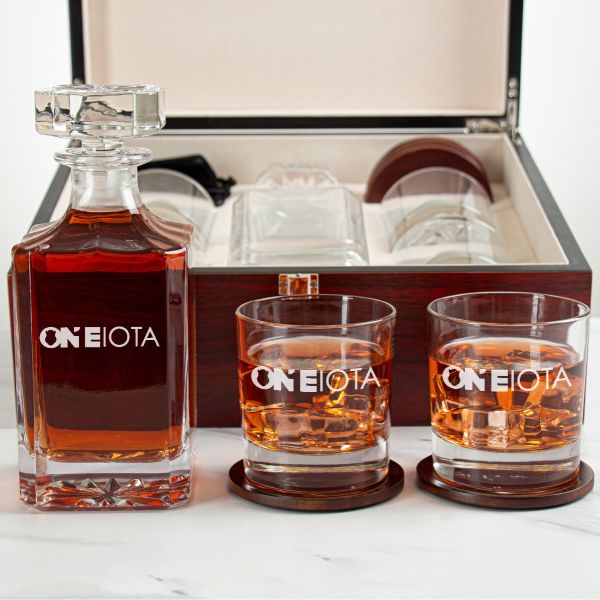 Custom Engraved Iota Phi Theta - Personalized Whiskey Decanter Set In Cherry Wood Gift Box - One Iota Fraternity Logo