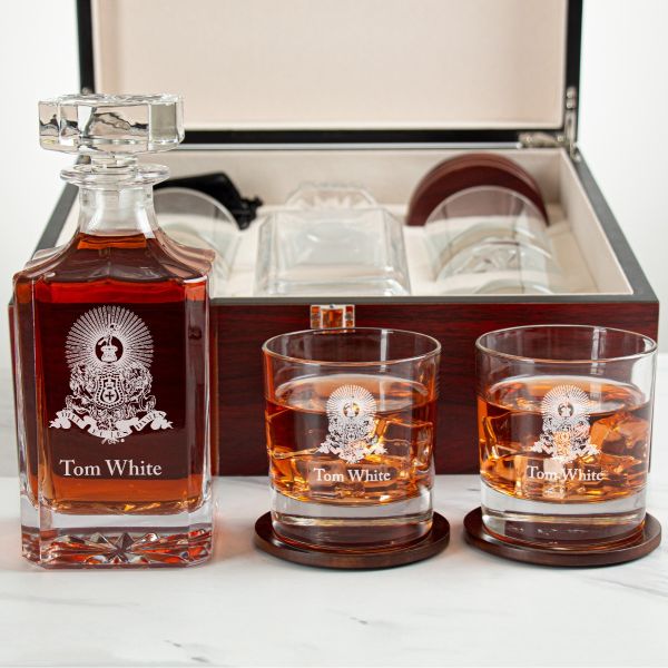 Custom Engraved Kappa Alpha - Personalized Whiskey Decanter Set In Cherry Wood Gift Box - Coat of Arms