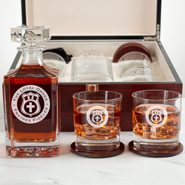 Custom Engraved Kappa Alpha - Personalized Whiskey Decanter Set In Cherry Wood Gift Box - The Loyal Order Fraternity Seal