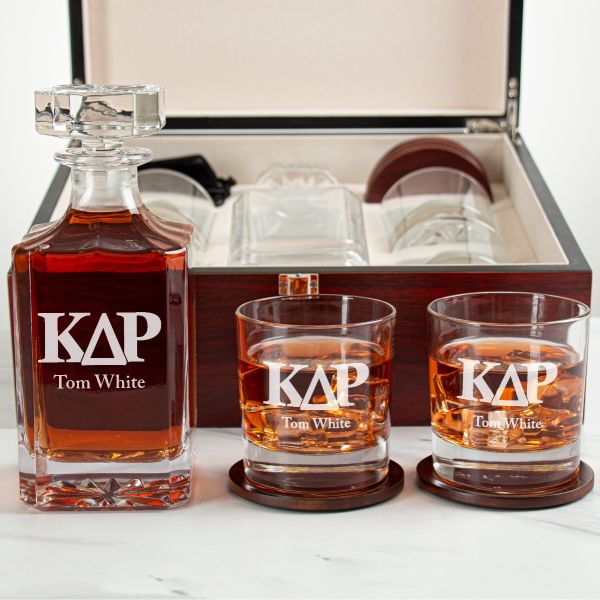 Custom Engraved Kappa Delta Rho - Personalized Whiskey Decanter Set In Cherry Wood Gift Box - Official Letters
