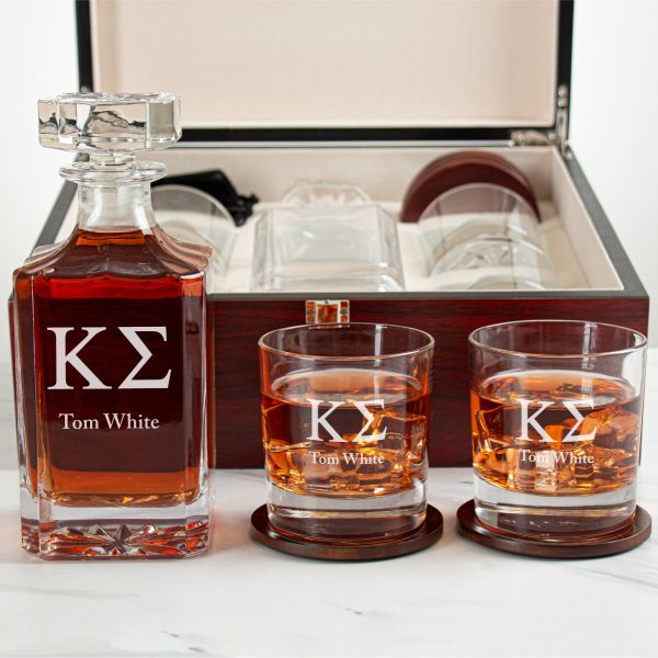 Custom Engraved Kappa Sigma - Personalized Whiskey Decanter Set In Cherry Wood Gift Box