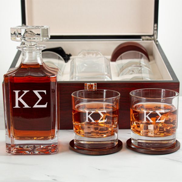Custom Engraved Kappa Sigma - Personalized Whiskey Decanter Set In Cherry Wood Gift Box