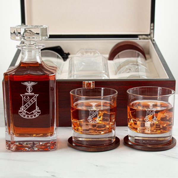 Custom Engraved Kappa Sigma - Personalized Whiskey Decanter Set In Cherry Wood Gift Box - Coat of Arms