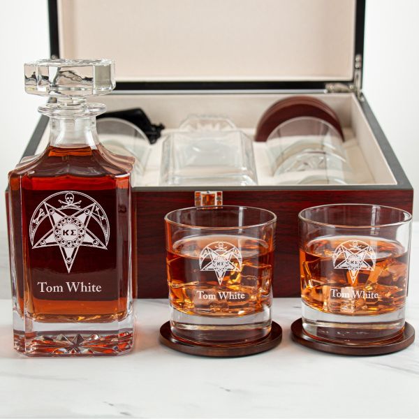 Custom Engraved Kappa Sigma - Personalized Whiskey Decanter Set In Cherry Wood Gift Box - Fraternity Badge