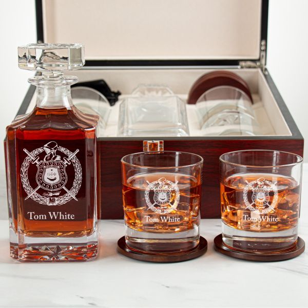 Custom Engraved Omega Psi Phi - Personalized Whiskey Decanter Set In Cherry Wood Gift Box - Coat of Arms