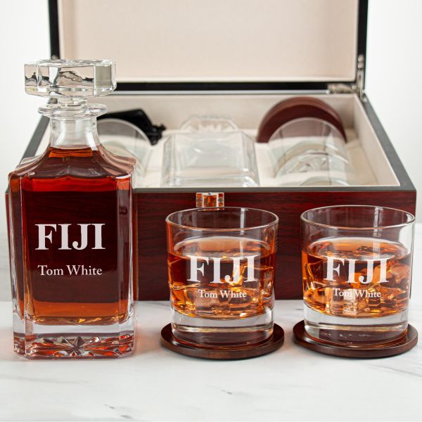 Custom Engraved Phi Gamma Delta - Personalized Whiskey Decanter Set In Cherry Wood Gift Box