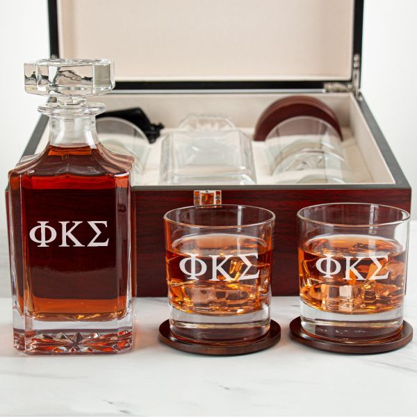 Custom Engraved Phi Kappa Sigma - Personalized Whiskey Decanter Set In Cherry Wood Gift Box