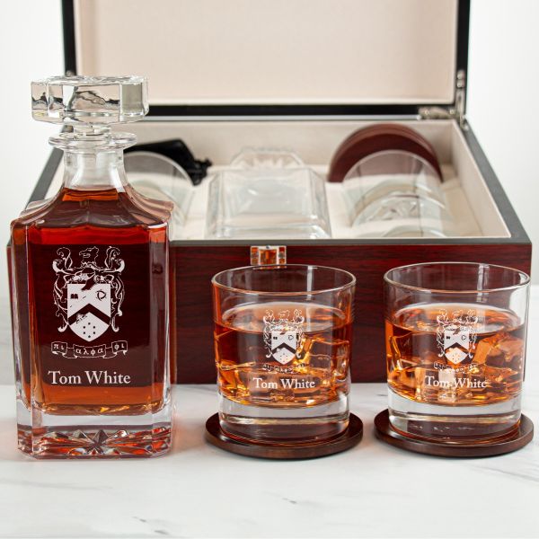 Custom Engraved Pi Alpha Phi - Personalized Whiskey Decanter Set In Cherry Wood Gift Box - Coat of Arms