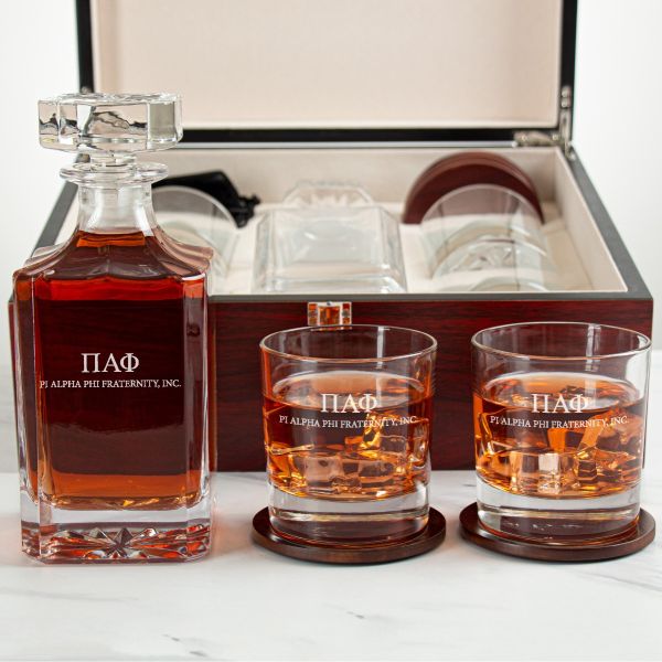Custom Engraved Pi Alpha Phi - Personalized Whiskey Decanter Set In Cherry Wood Gift Box - Primary Fraternity Logo