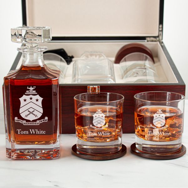 Custom Engraved Pi Kappa Phi - Personalized Whiskey Decanter Set In Cherry Wood Gift Box - Coat of Arms